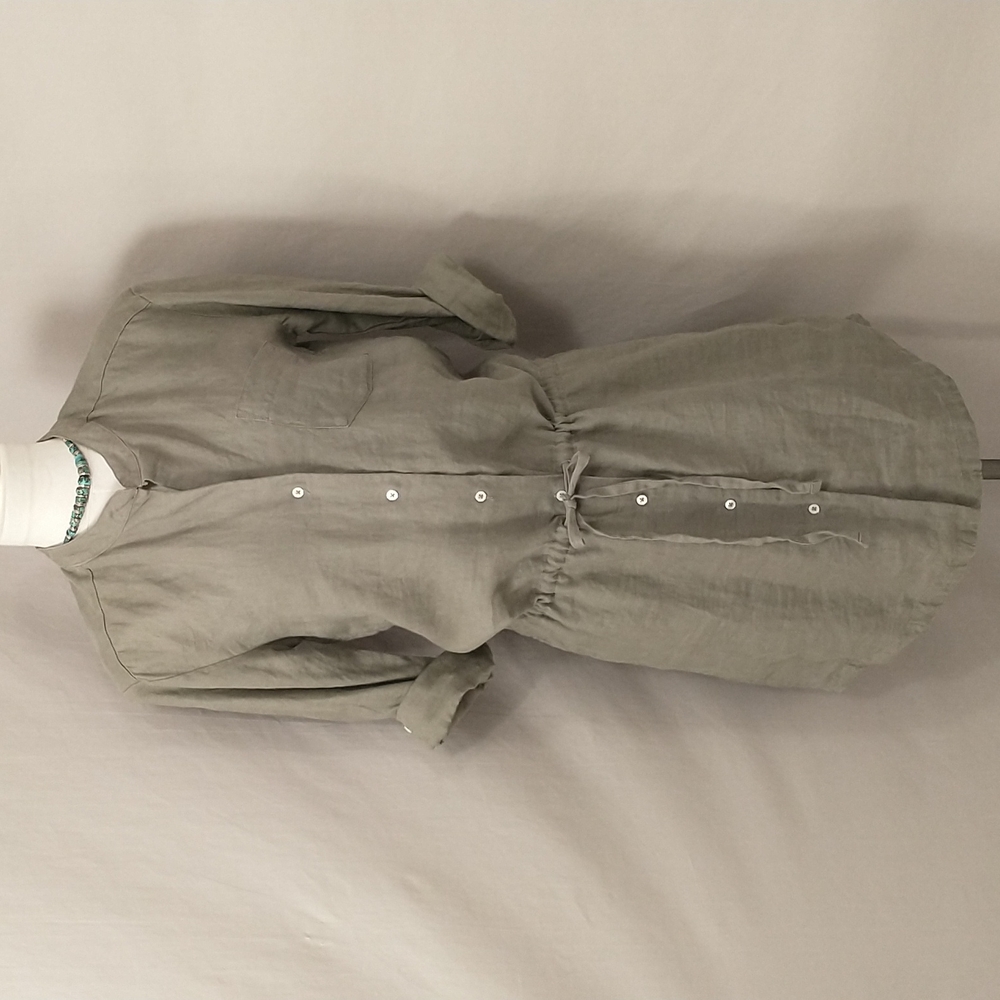 Linen Dress Casual Olive Drab Low Waisted Short Midi Shirtdress Safari Camp fit6